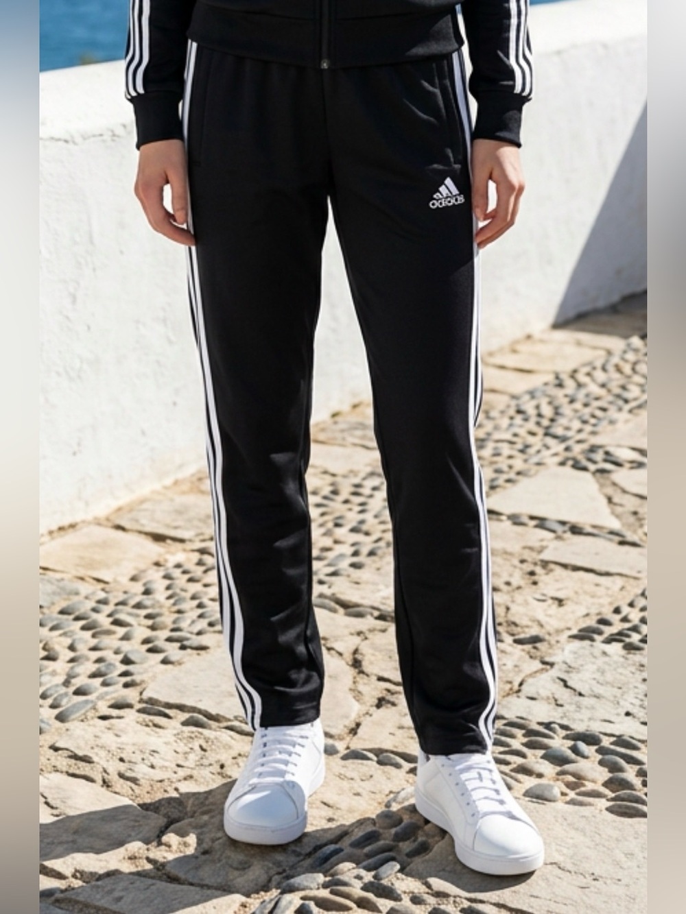 adidas Black Jogger Snap Pants with White Side Stripes